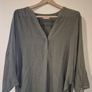 Lush Flowy Lightweight Sheer Top Olive Green Blouse Long Sleeve Womens Large